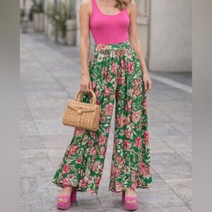 Flying Tomato Floral Resort Pants Green Wide Leg Boho Festival Size Small Pleat